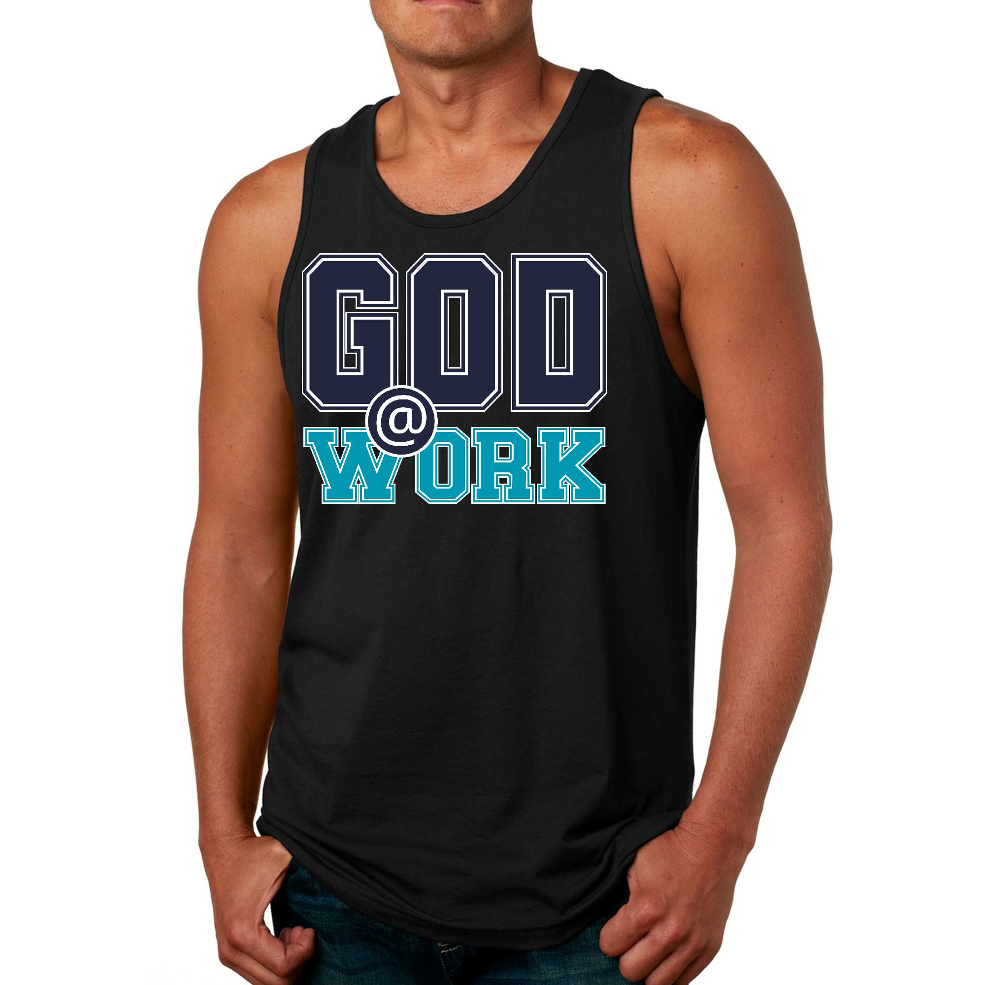 Mens Fitness Tank Top Graphic T-shirt God @ Work Navy Blue and Blue