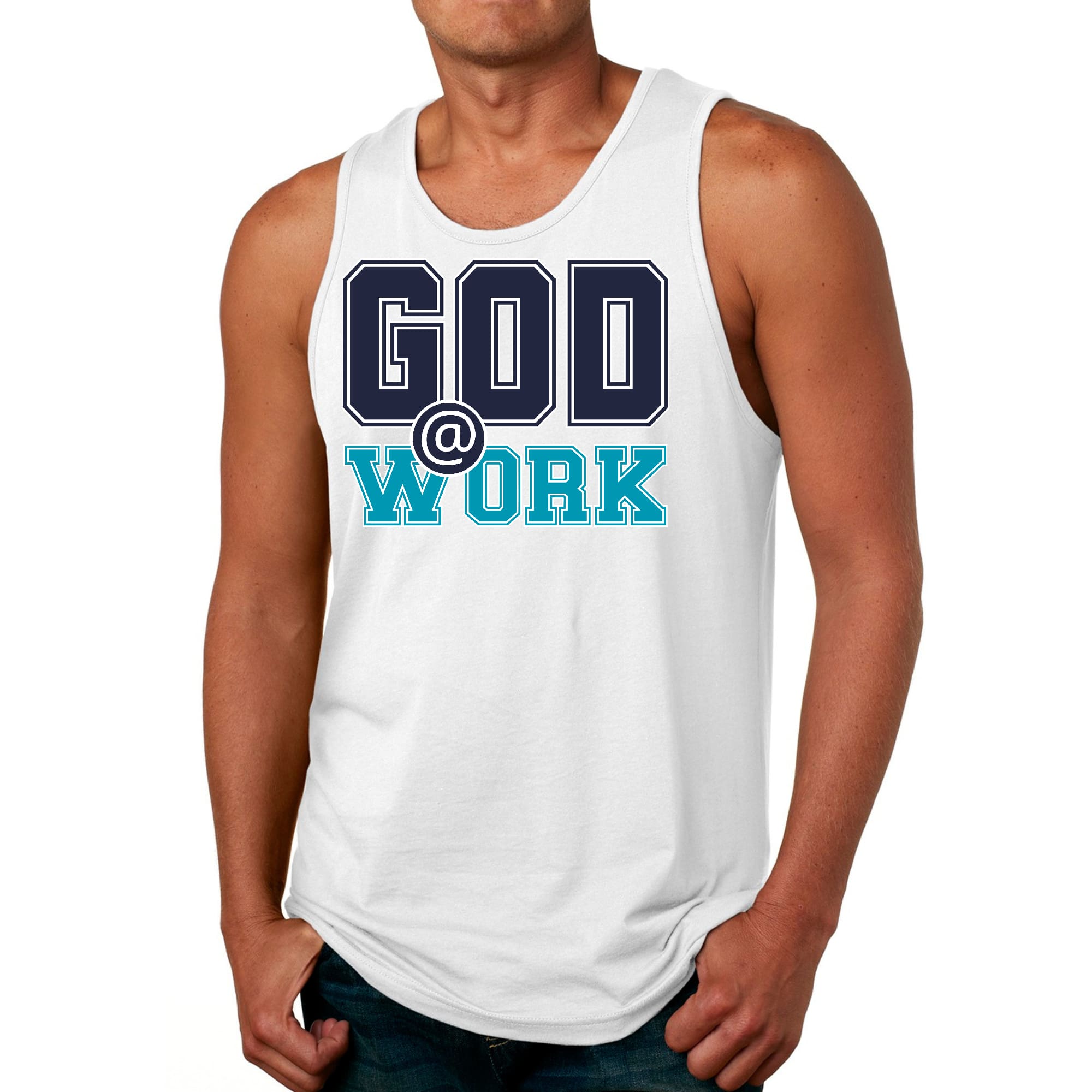 Mens Fitness Tank Top Graphic T-shirt God @ Work Navy Blue and Blue