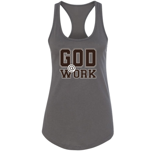 Womens Fitness Tank Top Graphic T-shirt - God @ Work Brown and White