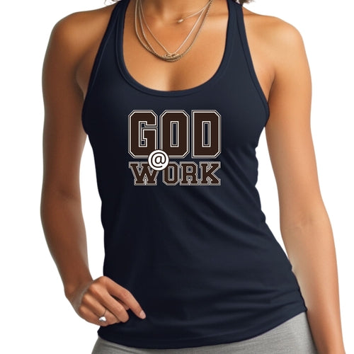 Womens Fitness Tank Top Graphic T-shirt - God @ Work Brown and White