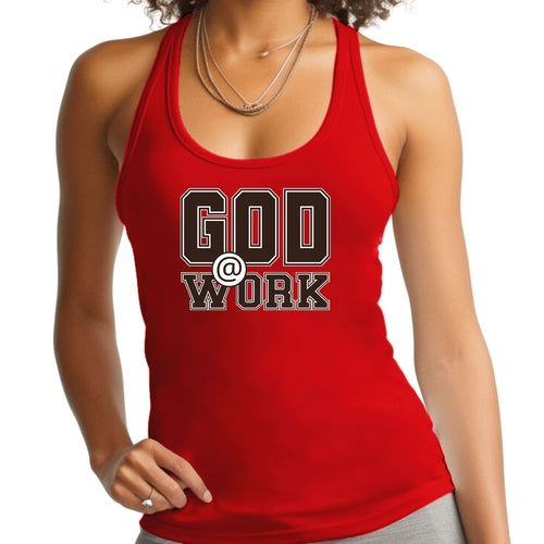 Womens Fitness Tank Top Graphic T-shirt - God @ Work Brown and White